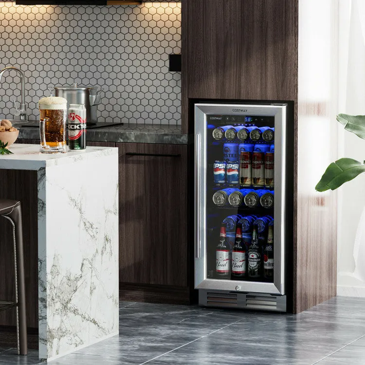 15 Inch 100 Can Built-in Freestanding Beverage Cooler Refrigerator with Adjustable Temperature and Shelf-Silver