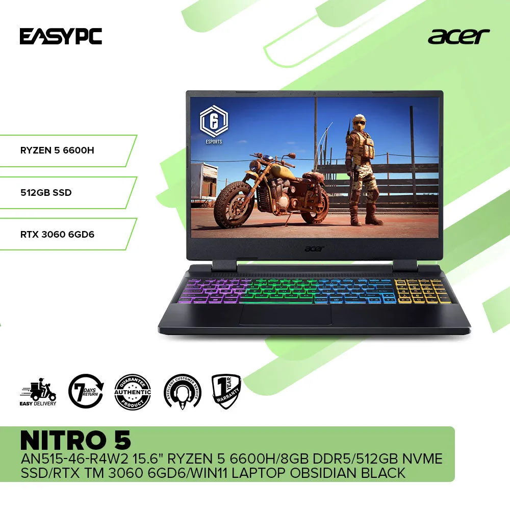 Acer Nitro 5 AN515-46-R4W2 15.6" Ryzen 5 6600H Win11 Laptop Obsidian Black