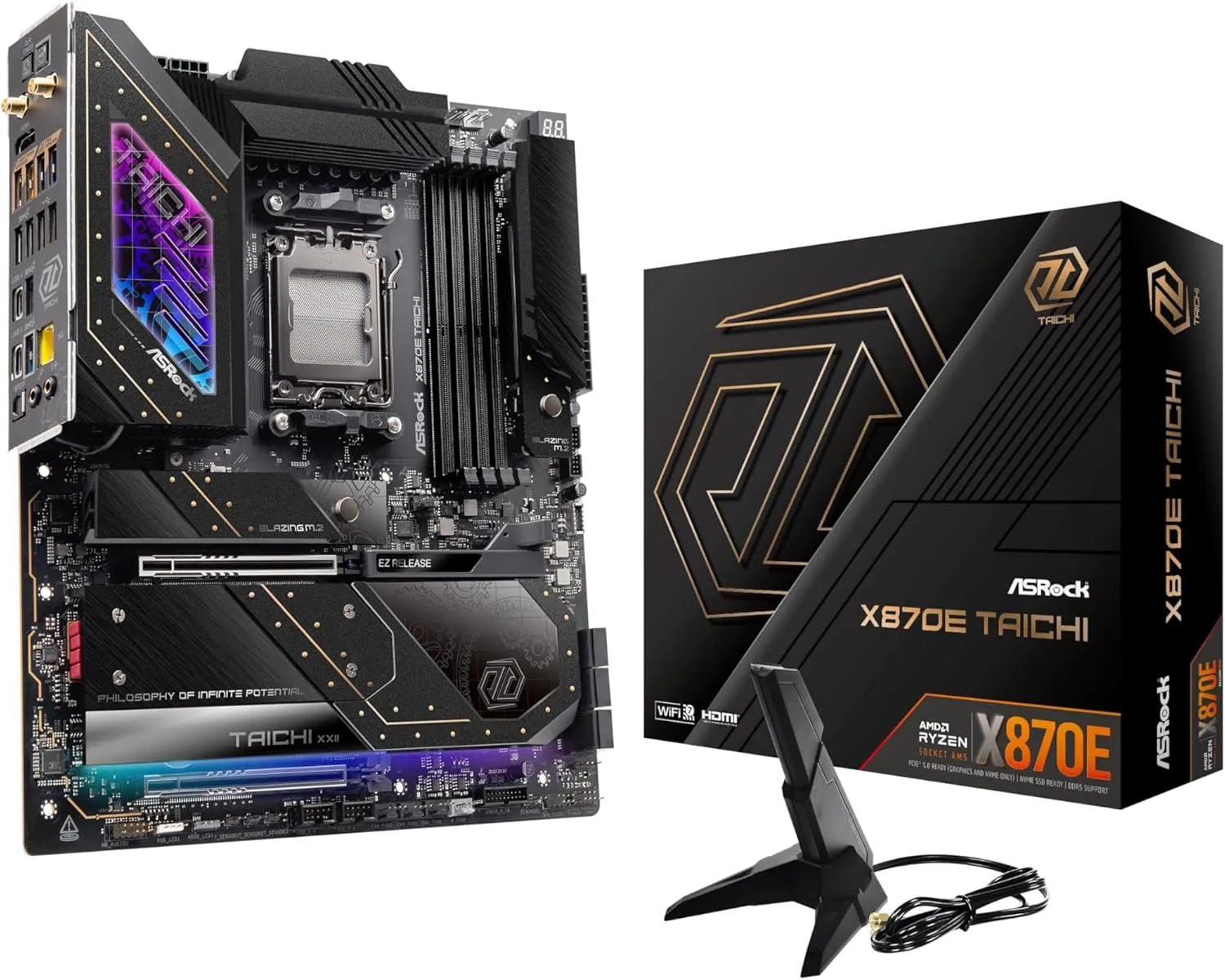 Asrock Taichi X870E Gaming Motherboard - Advanced AMD X870E, AM5 Socket, Extended-ATX, DDR5 RAM Compatibility, HDMI Support, Superfast USB4, Ultra-Reliable Wi-Fi 7, 5G LAN, Customizable RGB Lighting, M.2 Compatible