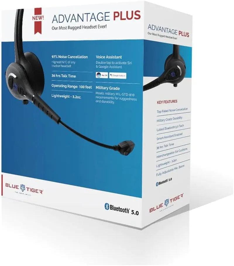 Blue Tiger Advantage plus Wireless Bluetooth Headset - Professional Trucker and Office Headset with Microphone - Durable, Noise Cancelling, Clear Sound, Long Battery Life, No Wires - 36 Hour Talk Time