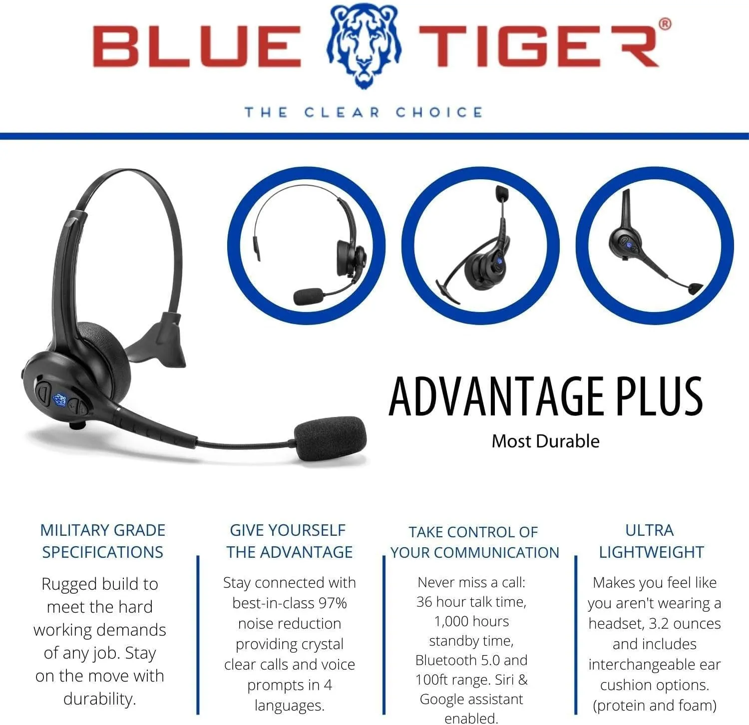 Blue Tiger Advantage plus Wireless Bluetooth Headset - Professional Trucker and Office Headset with Microphone - Durable, Noise Cancelling, Clear Sound, Long Battery Life, No Wires - 36 Hour Talk Time