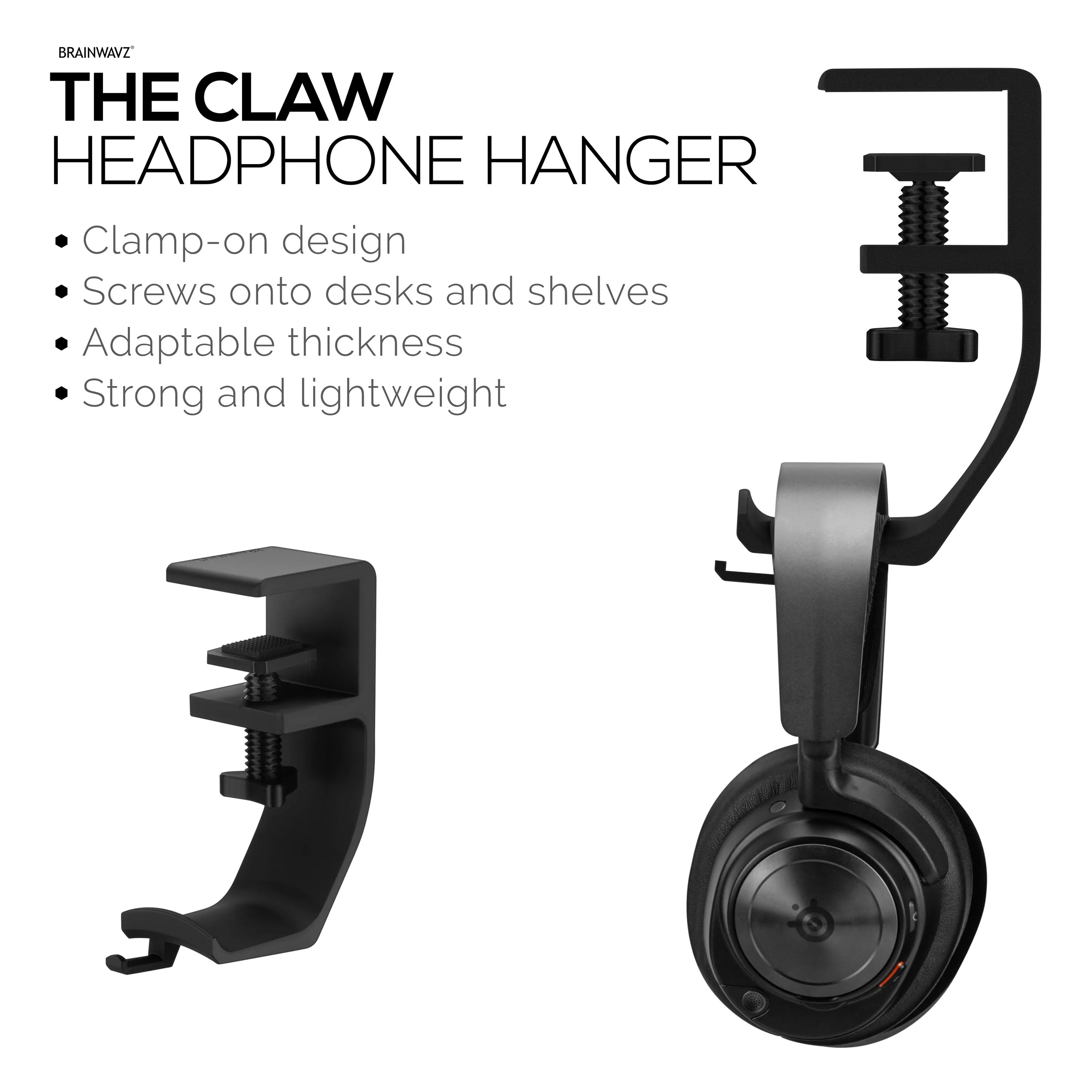 Brainwavz Claw - Under Desk Headphone Hanger Stand, Screw In Place, Easy To Install with Adjustable Mounting Clamp, Suitable for All Headsets