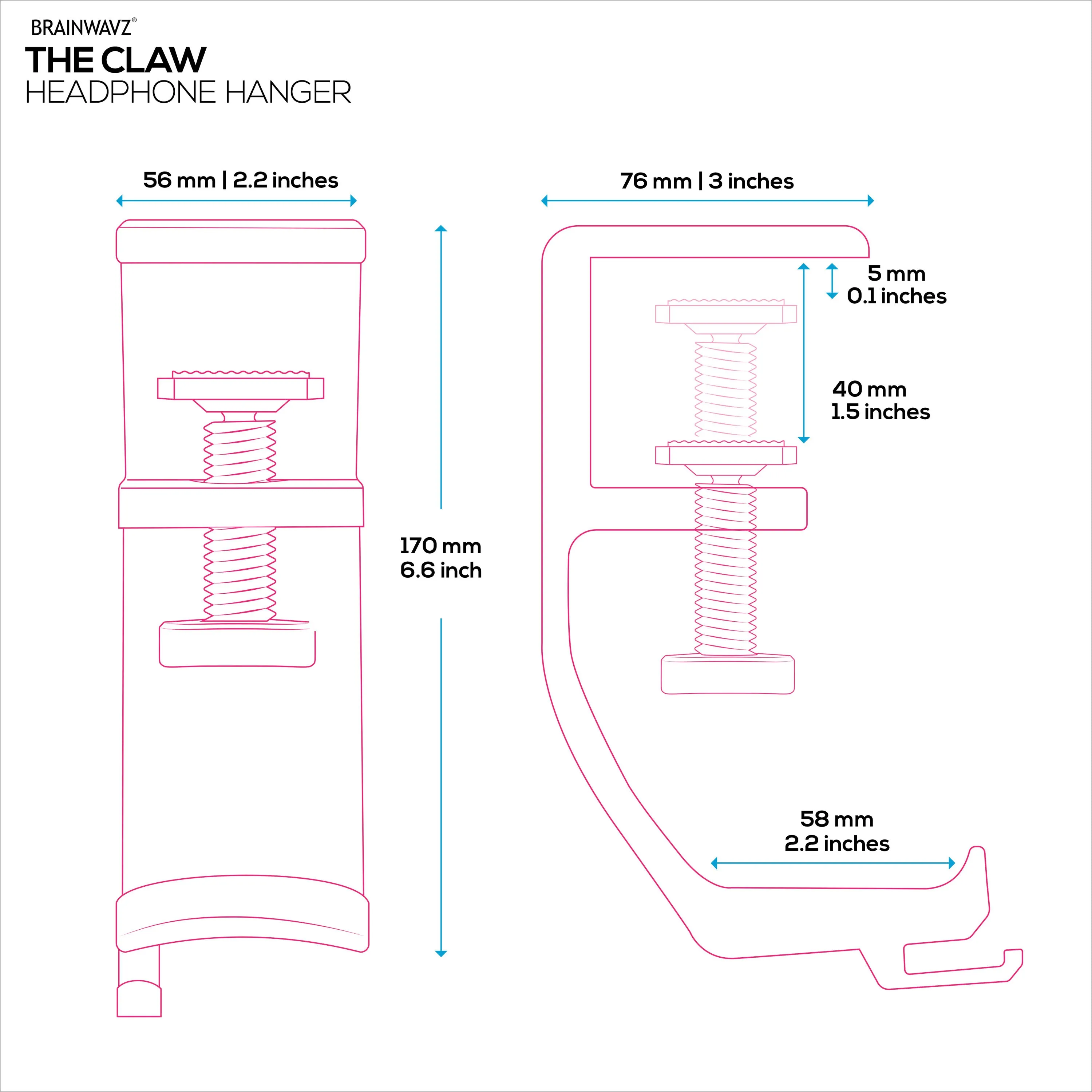 Brainwavz Claw - Under Desk Headphone Hanger Stand, Screw In Place, Easy To Install with Adjustable Mounting Clamp, Suitable for All Headsets