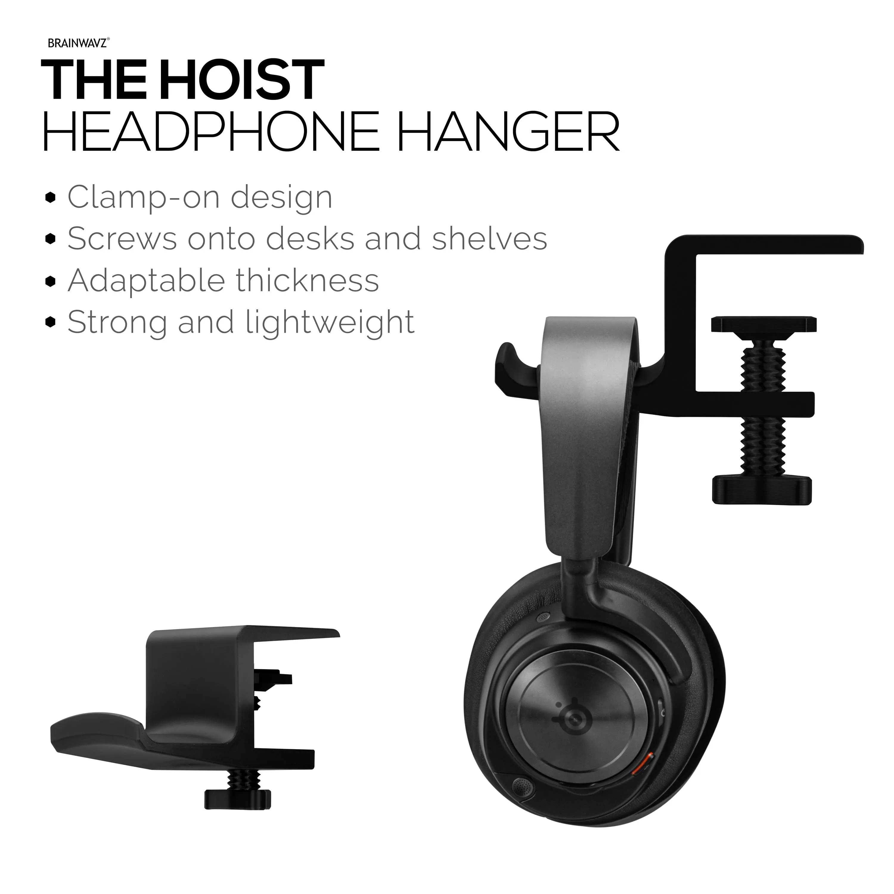 Brainwavz Hoist - Headphone Hanger Stand with Adjustable Clamp, Screws On To Desks & Shelves