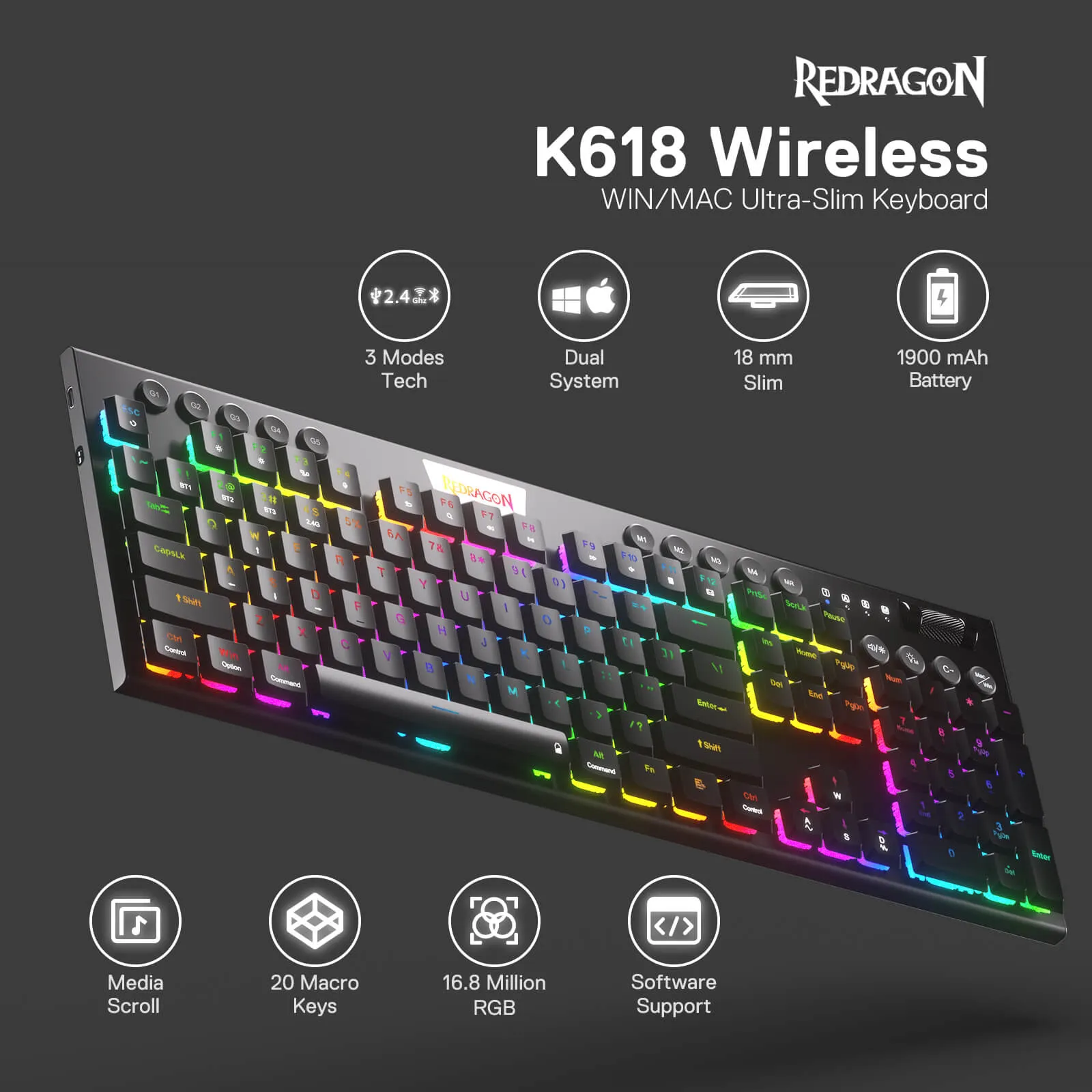 HORUS K618 Ultra-Thin, High-Performance Wireless Mechanical Keyboard for Seamless Typing Experience