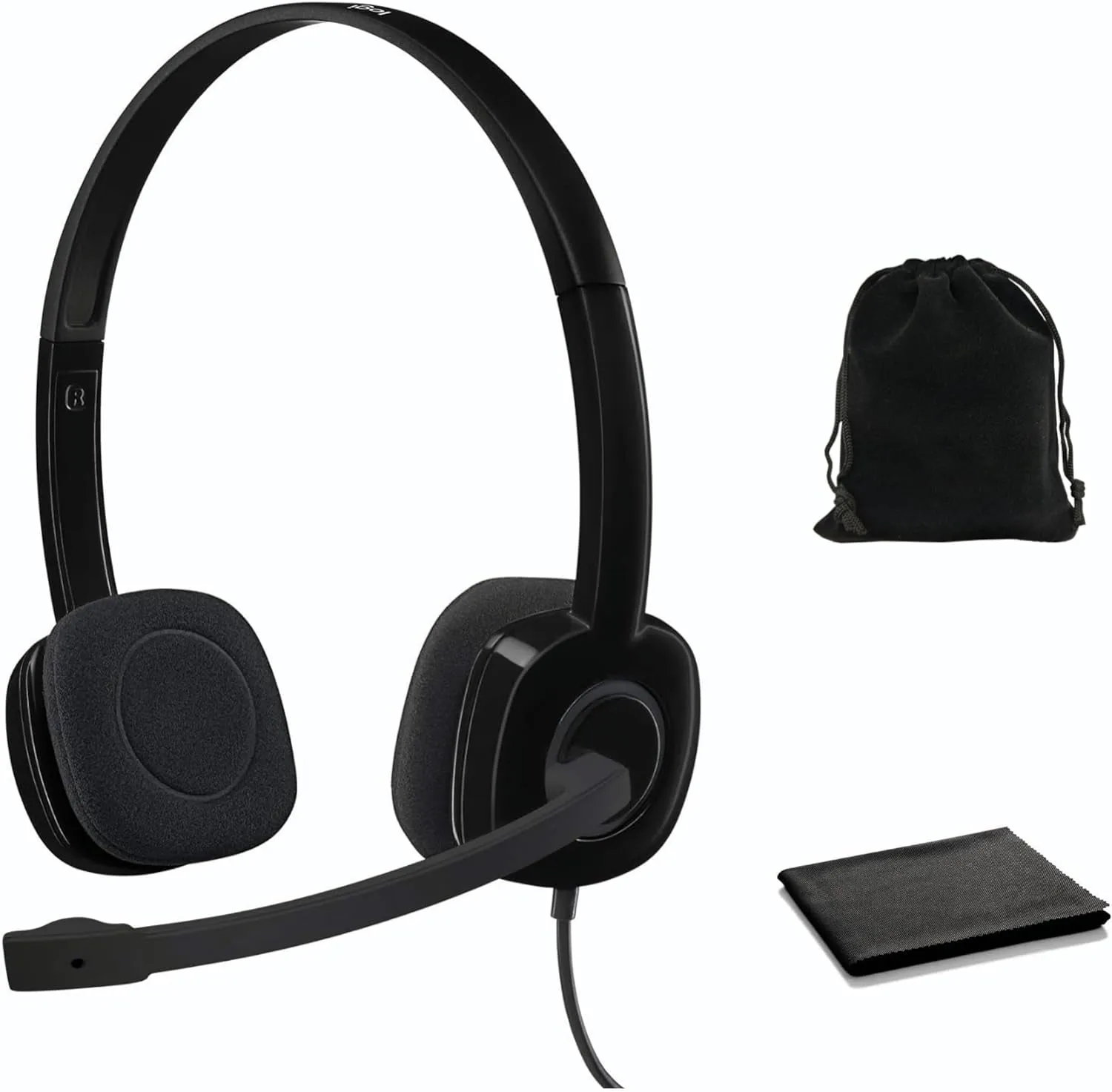 Logitech Headset H151 Wired Headset with Mic, Analog Stereo Headphones with Rotating Noise-Cancelling Microphone, 3.5 Mm Audio Jack, In-Line Controls, Black, W/Storage Pouch and Cloth, Bulk Packaging