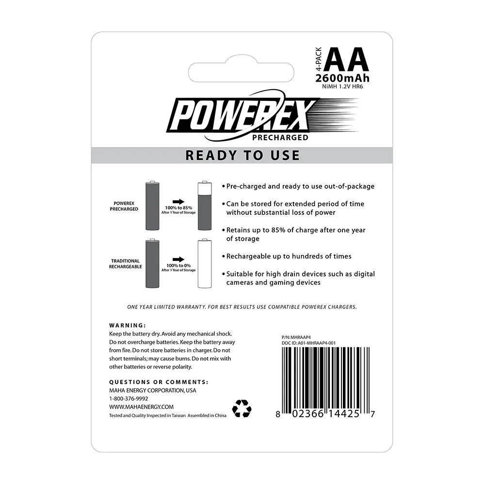 4-Pack of Maha Powerex Precharged Rechargeable AA NiMH Batteries (1.2V, 2600mAh)