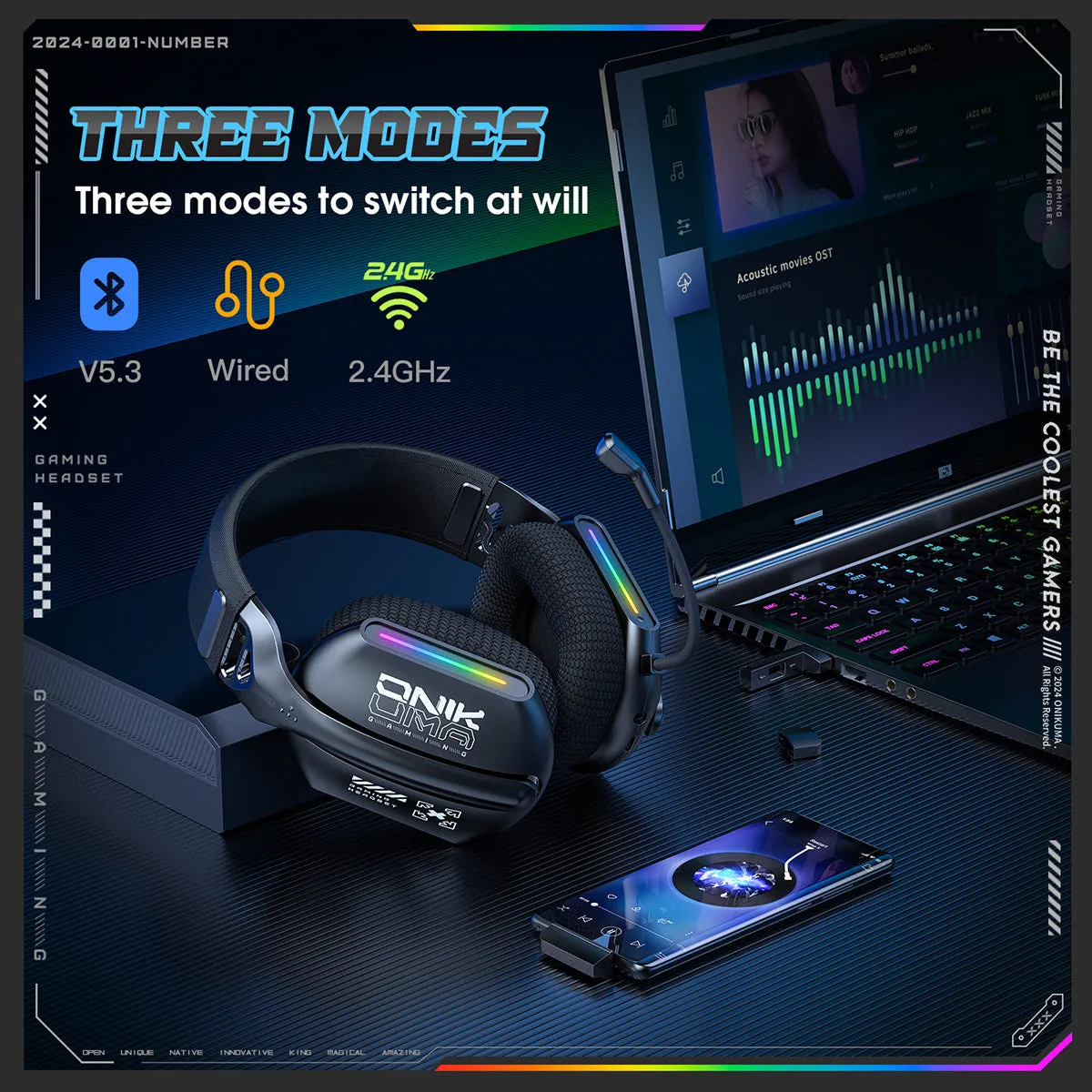 ONIKUMA GT808 Tri-mode Gaming Headset RGB Light 2.4Ghz