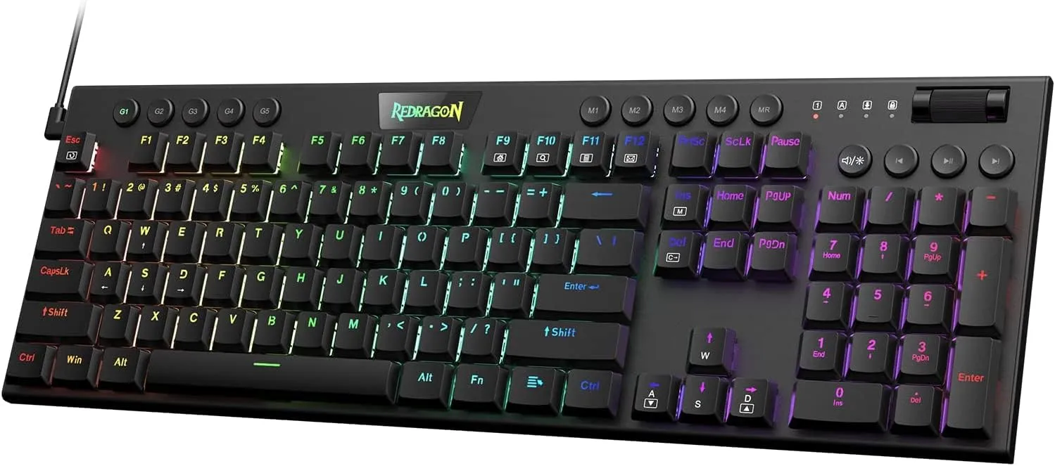 Redragon K618 Horus Wireless RGB Mechanical Keyboard, BT/2.4Ghz/Wired Tri-Mode Low Profile Gaming Keyboard w/Ultra-Thin Design, Dedicated Media Control & Linear Red Switch