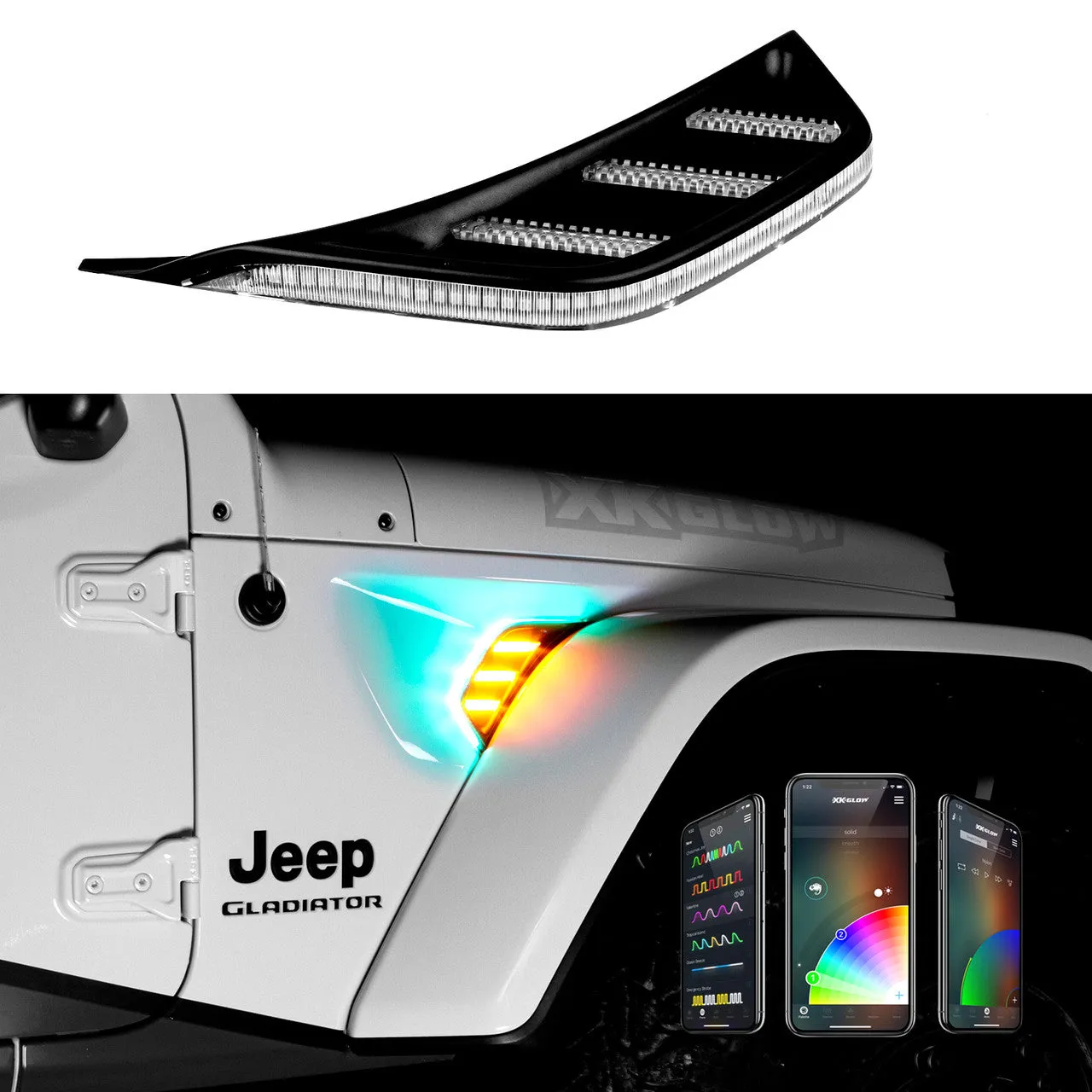 XKGlow RGB   Amber Fender Vent Jeep Wrangler JK w/ Turn Signal Running Light / XKChrome Smartphone App