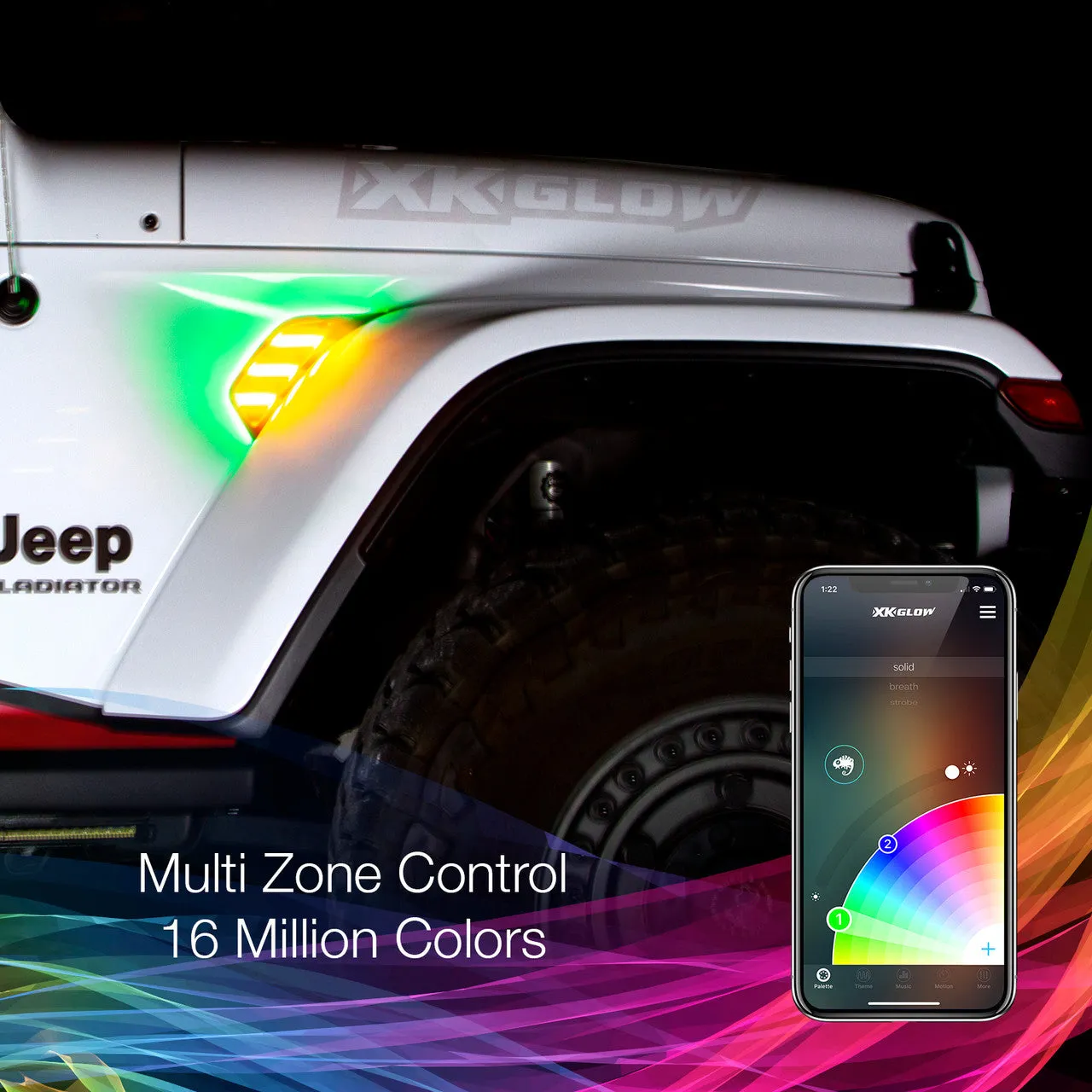 XKGlow RGB   Amber Fender Vent Jeep Wrangler JK w/ Turn Signal Running Light / XKChrome Smartphone App